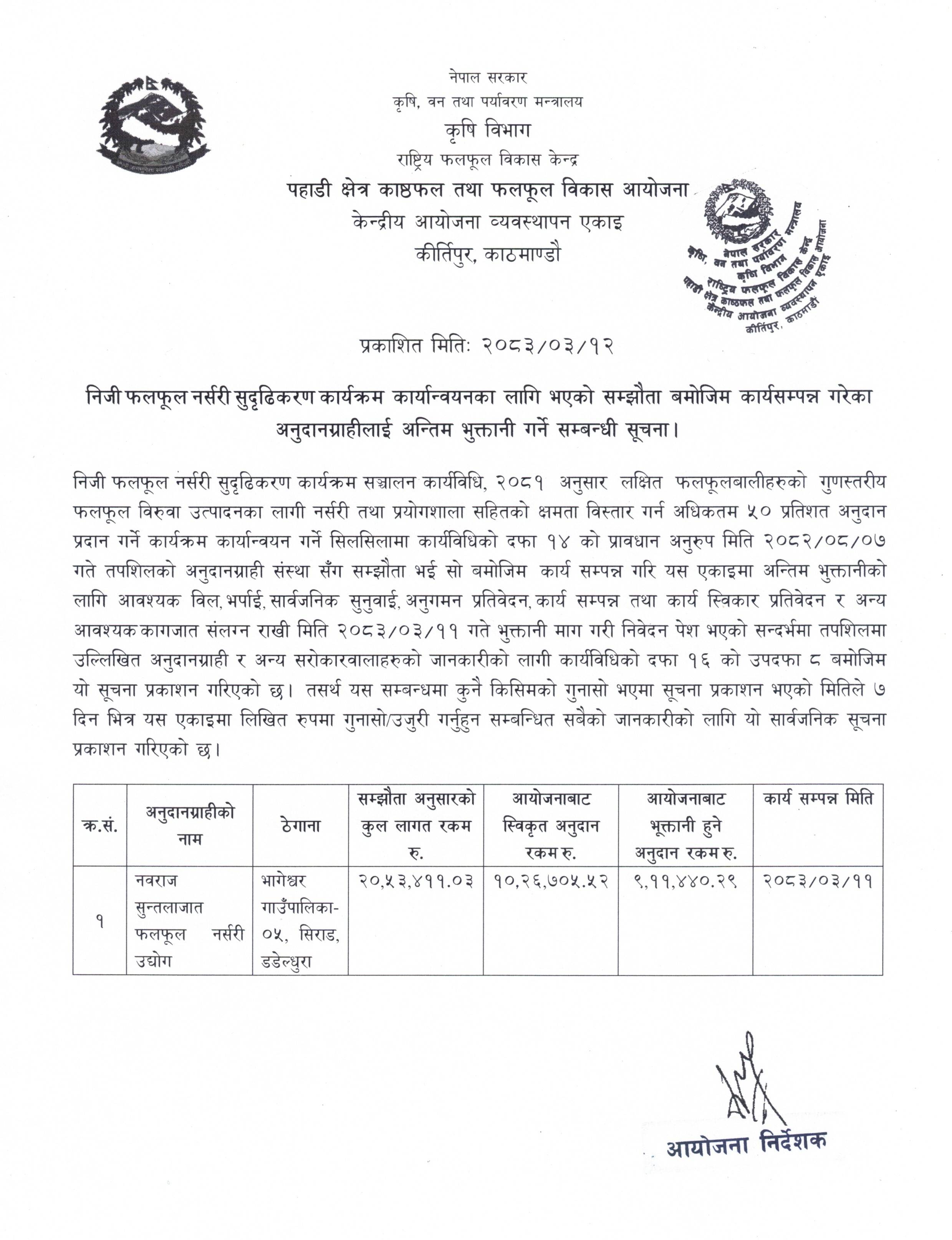 Notice for Final Payment to Private Fruit Nursery Strengthening Program: Navraj SunatalaJat Falful Nursery, Dadeldhura