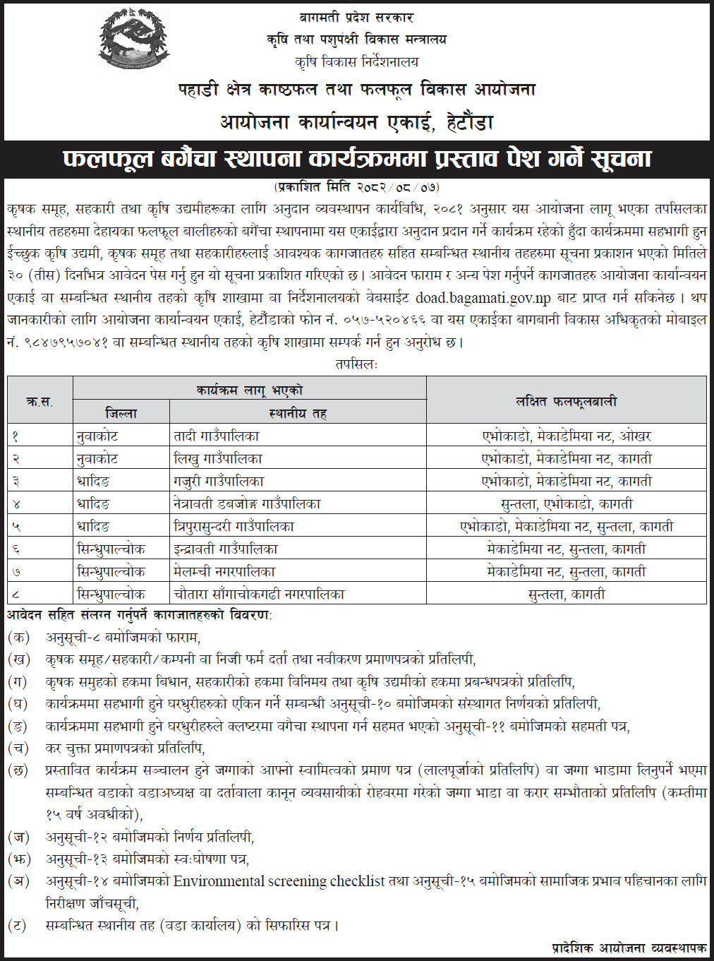 Call for Application for Fruit Orchard Establishment -PIU Bagmati