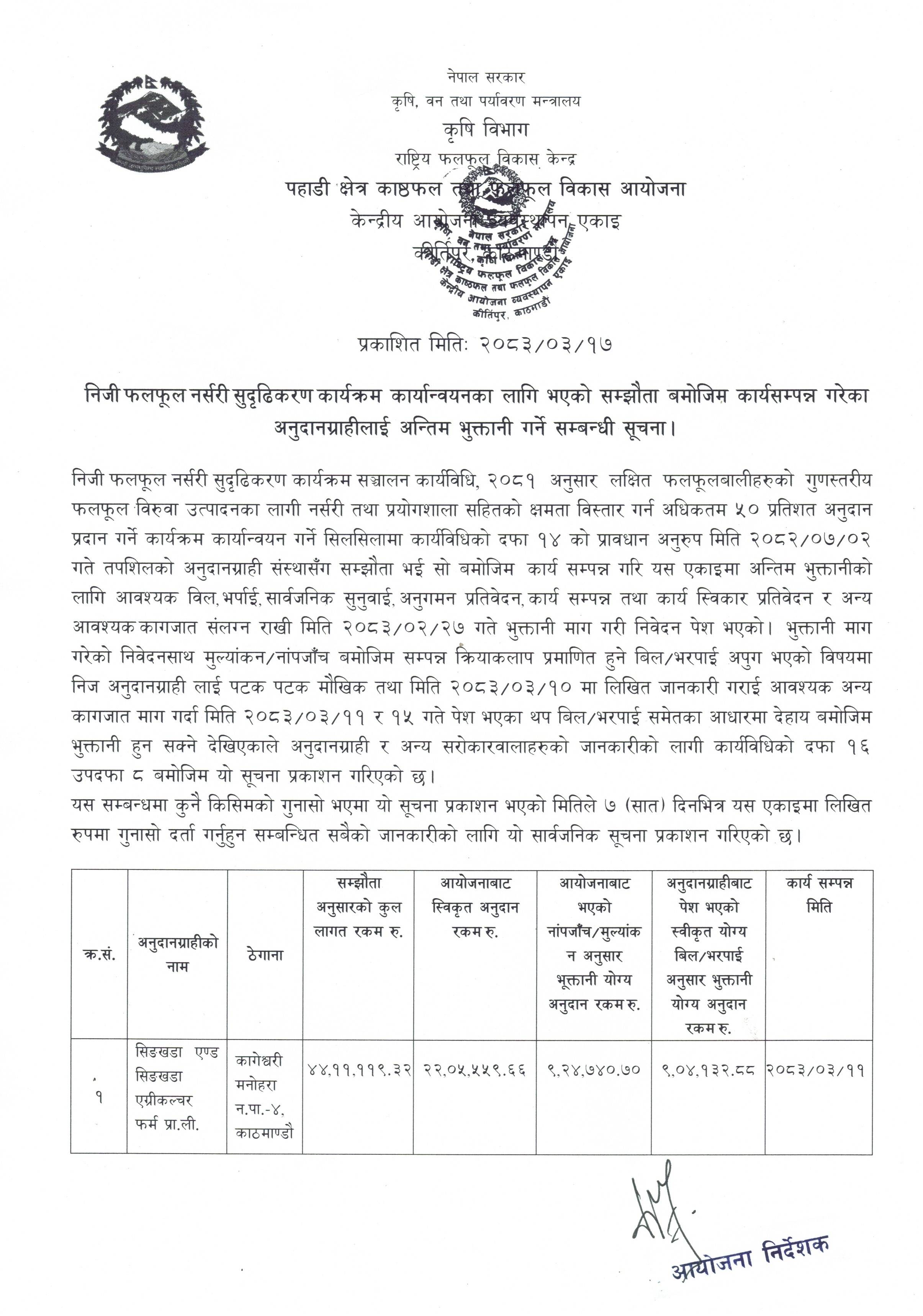 Notice for Final Payment to Private Fruit Nursery Strengthening Program: Simkhada and Simkhada Agriculture Farm Pvt Ltd Kathmandu